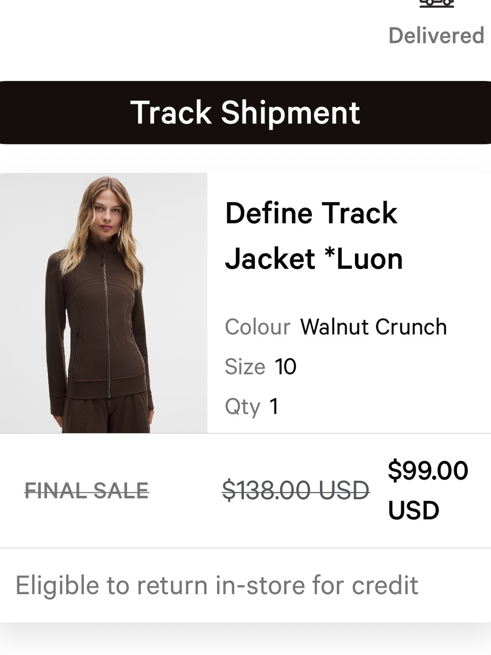 Lululemon athletica Define Track Jacket size 10 Walnut Crunch